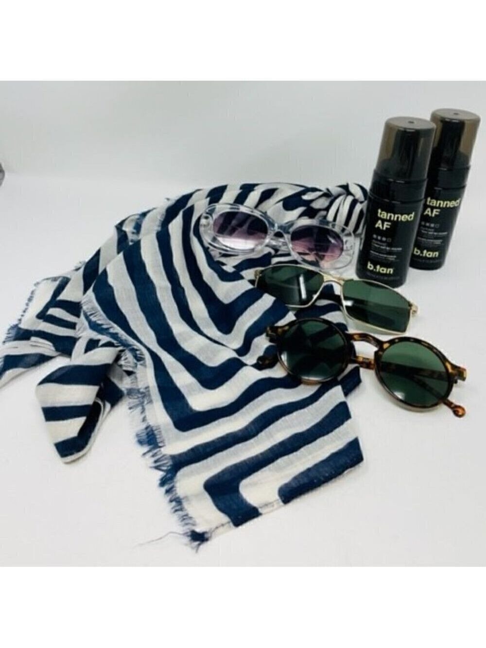 6 piece set- 3 sunglasses, 1 fashion scarf and 2 tanned AF tanning mousse